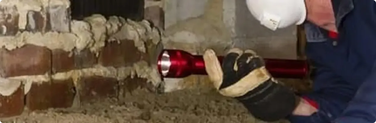 Pest control technician inspecting a crawl space for ant activity in Barksdale Afb, LA