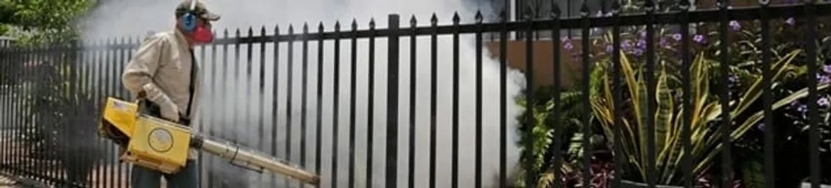 Mosquito control technician fogging a yard perimeter for mosquito reduction in Shreveport, LA